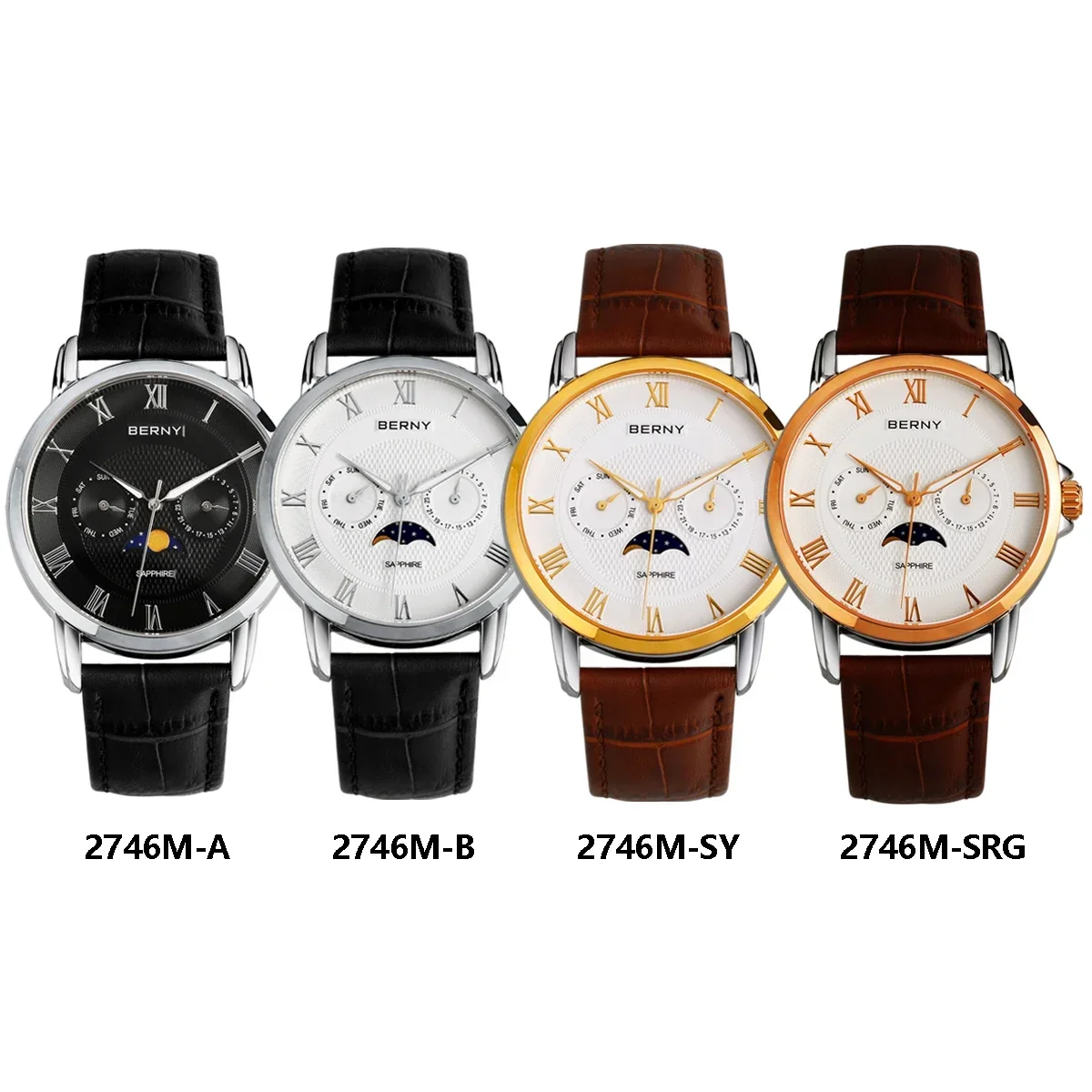 Berny Men Watches Quartz Sapphire Glass Day-Date Moon Phase Scale Multi-function Dial Business Wristwatch Luxury Men Watch