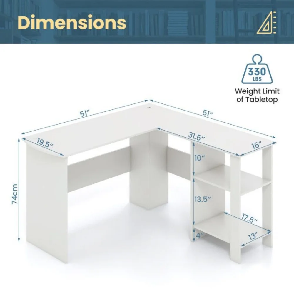 Large Modern L-shaped Computer Desk, with 2 Cable Holes and 2 Storage Shelves,Computer Desks 6