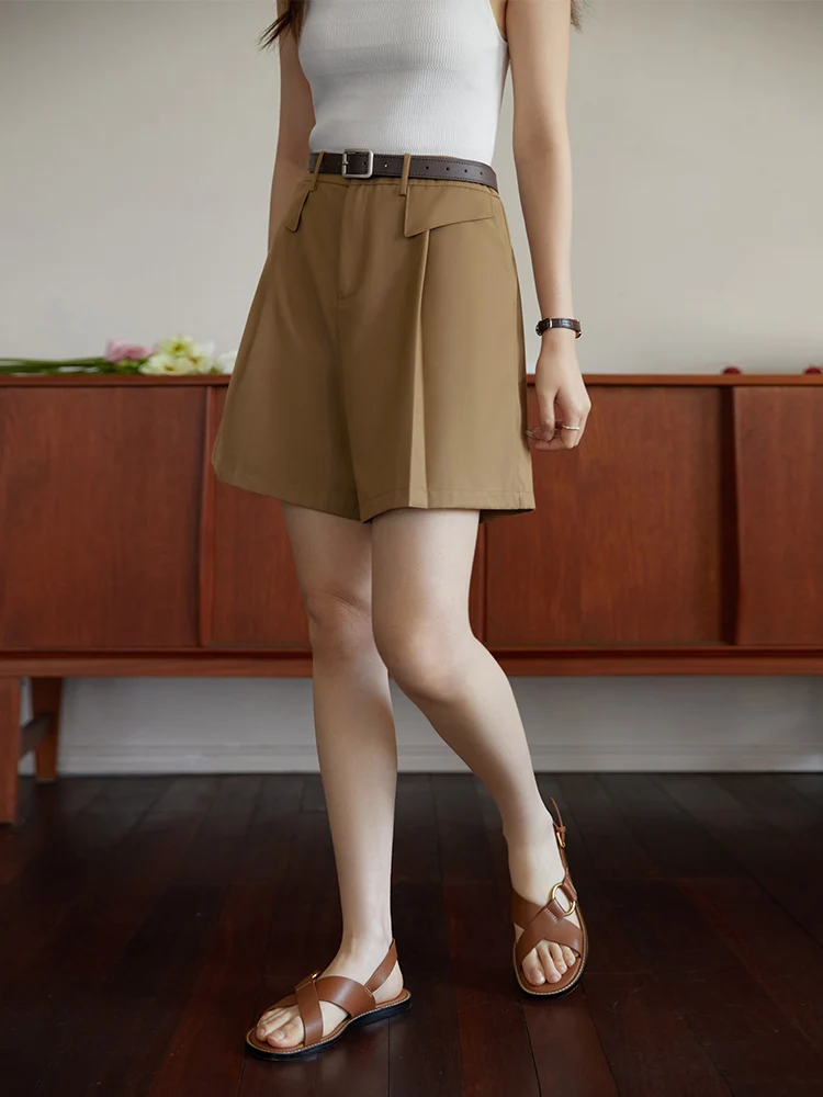 DUSHU Commuting Retro Coffee Color Simple Suit Pants for Women Summer New High Waist Loose Comfortable Chic Shorts for Female