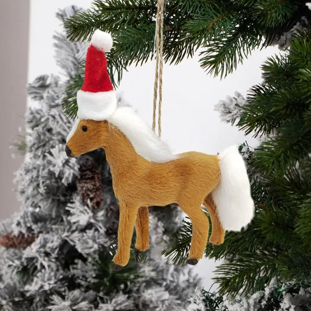 Horse Pendant Lovely Christmas Hat Simulation Animal Model Hanging Ornaments Faux Fur Horse Doll Christmas Tree Pendant Home Dec