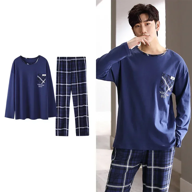 Big Size Men Pajamas Autumn Winter Chic Gentleman Pjs Fashion Mens Casual Sleepwear Plaid Pants Cotton Pijama Set for Pajama Sets