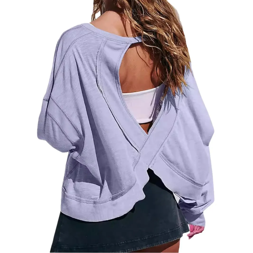 Women's Loose Long-sleeved T-shirt Blouse Age-reducing Hollow Short Round Neck Sports sports t shirt sports shirt