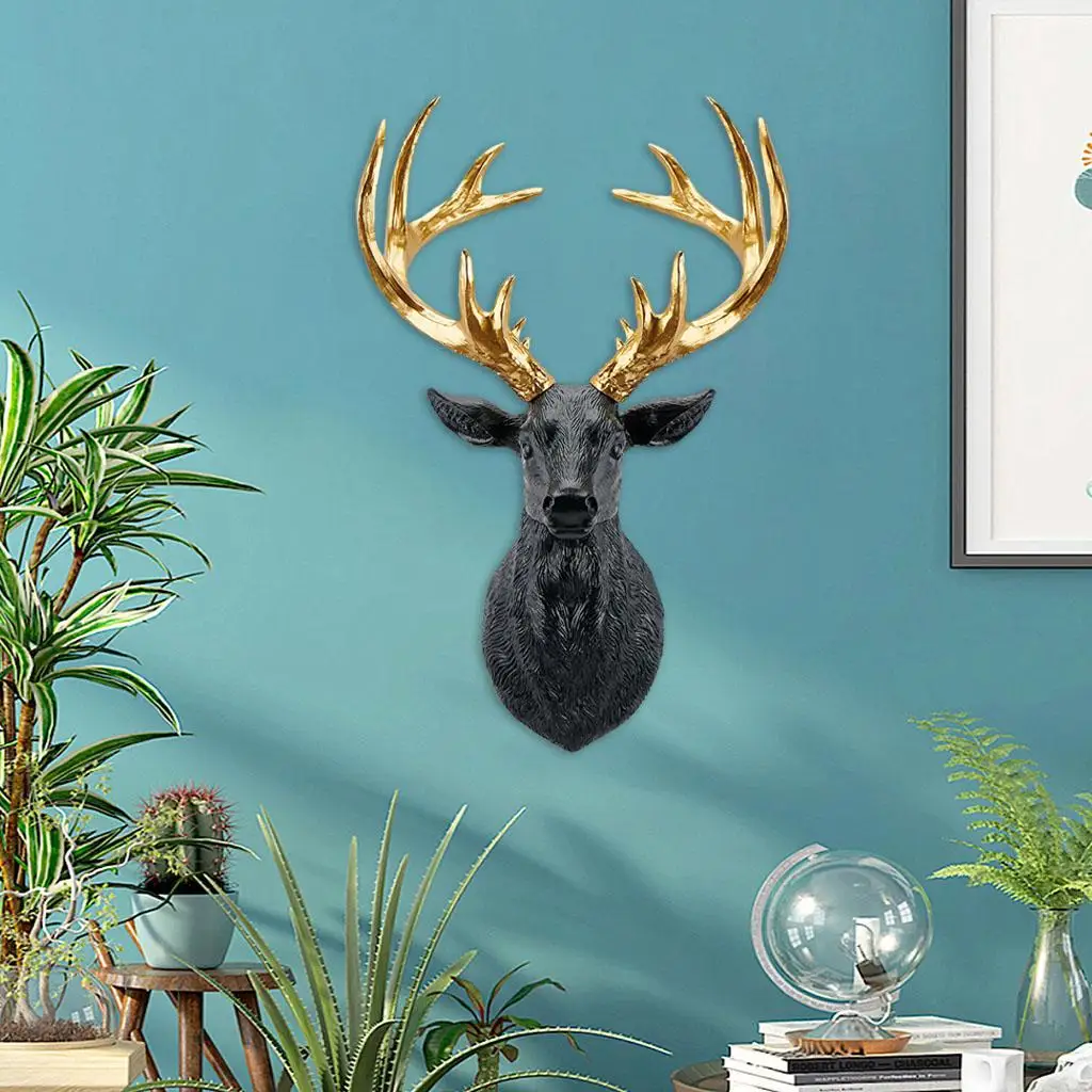Faux Deer Head Antlers Statue Figurines Sculpture Wall Mount Bust Art Resin