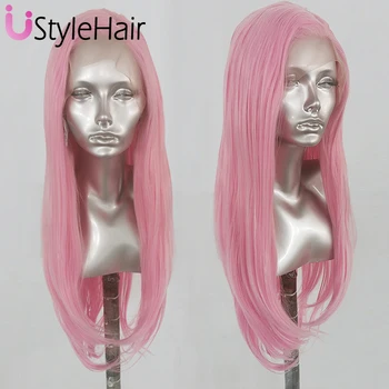 UStyleHair Pink Lace Wig Long Natural Wave Synthetic Lace Front Wigs for Women Heat Resistant Fiber Hair Natural Hairline Daily