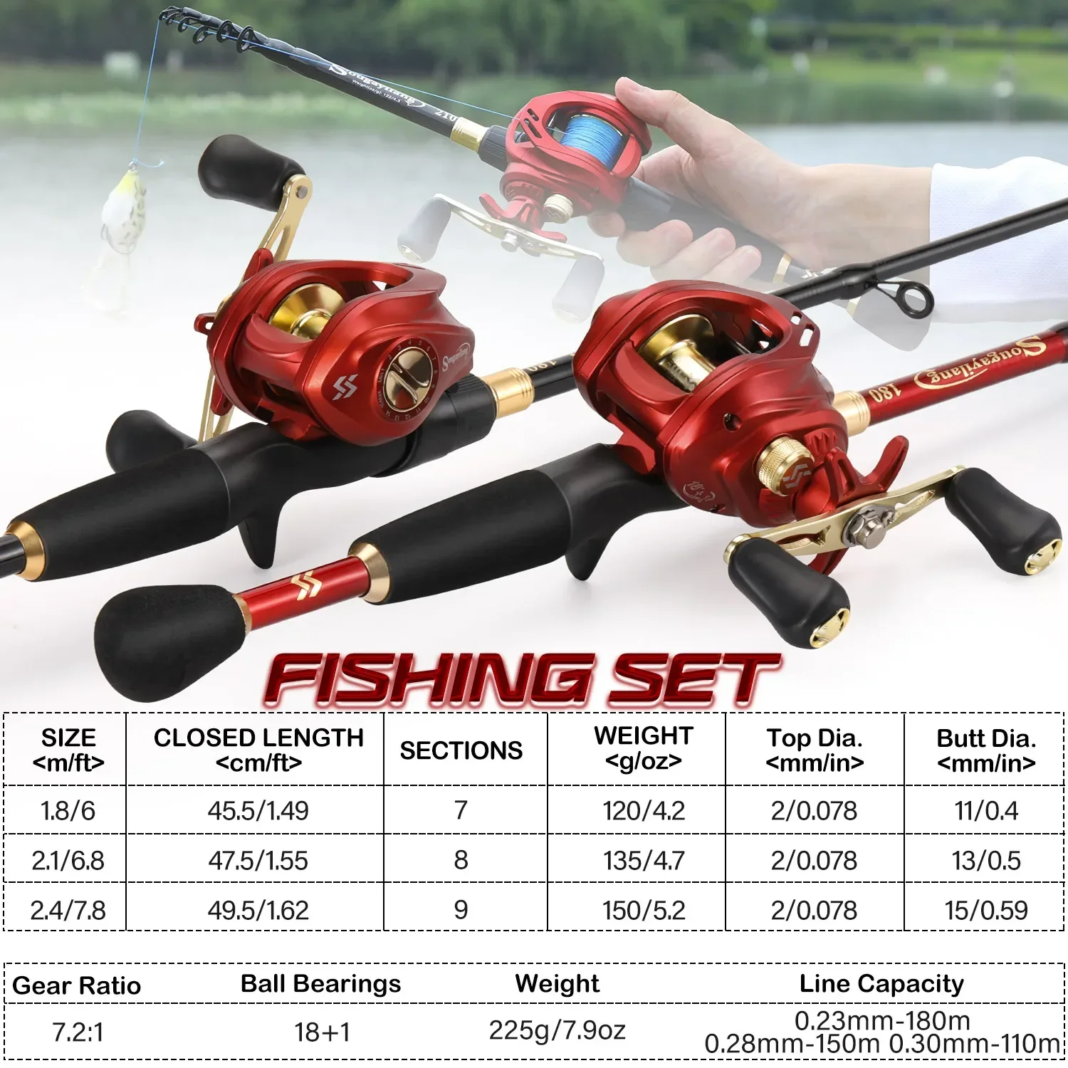 Sougeyilang Fishing Rod Combo 1.8-2.4m 7-9 Sections Casting Rod and 7.2:1high Speea Ratio Metal Spool Casting Fishing Reel Pesca fishing pole set fishing rod and reel combo fishing rod