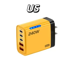 5 - in - 1 240W GaN Fast Charger with LED Light and Multi - Port USB - C & USB Charging Head - Yellow US