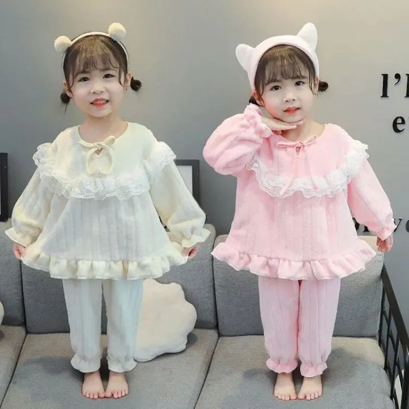 

Flannel Princess Pajamas Soft Comfortable Girls Baby Sleepwear Suit Lace Tops Pants 2 Pieces Set Autumn Winter Toddler Clothing