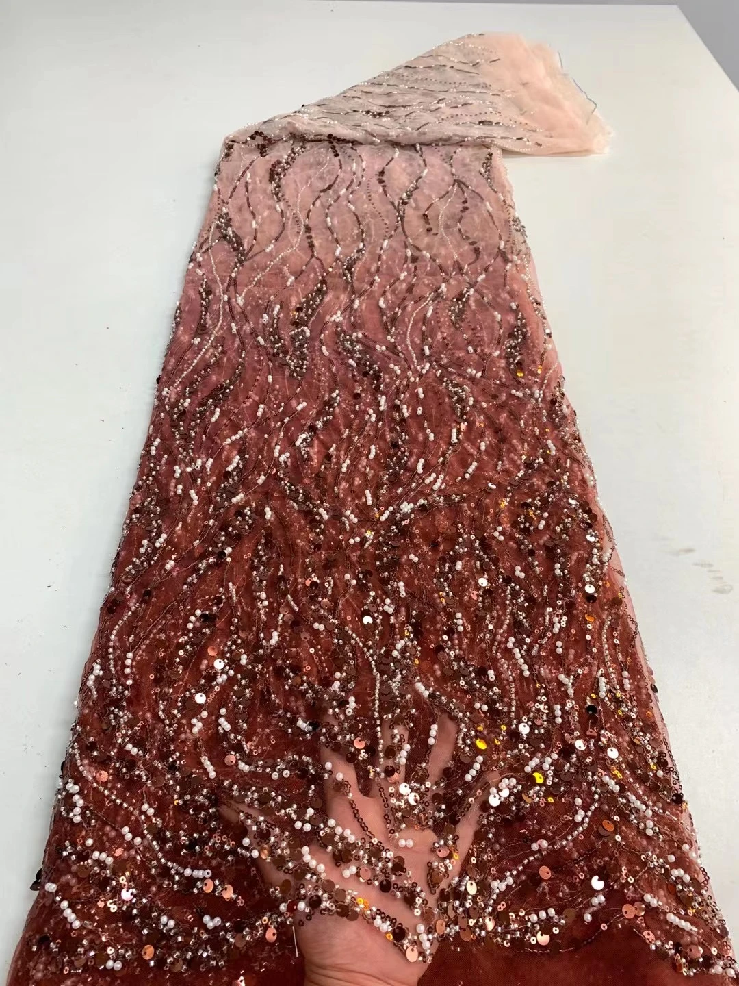 Latest Luxury Sequins Tulle Lace African Handmade Beaded Lace French 2022 High Quality Fabric Nigeria Bride Wedding Dress Sew