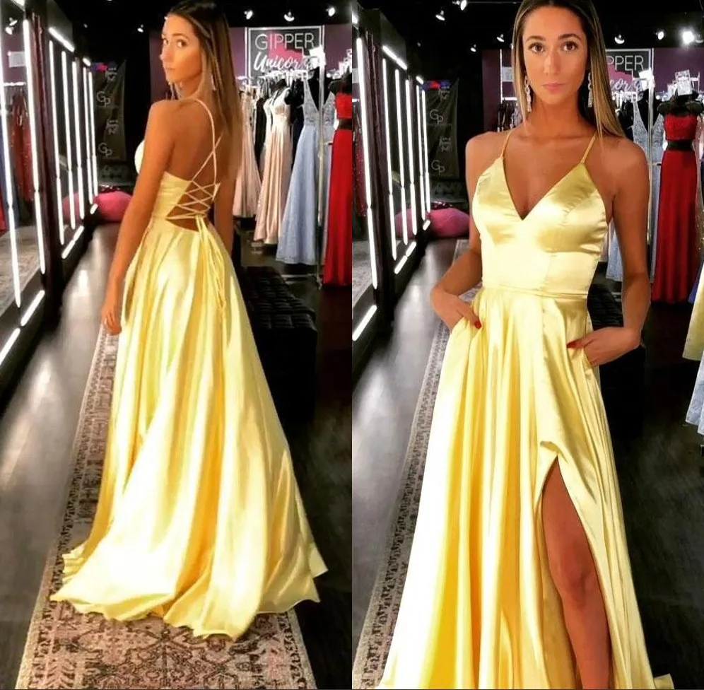 

Sexy Slit V Neck Satin Yellow Evening Dresses Long Hot A Line Cris-cross Back Prom Dresses Formal Party Gown Robe de soiree