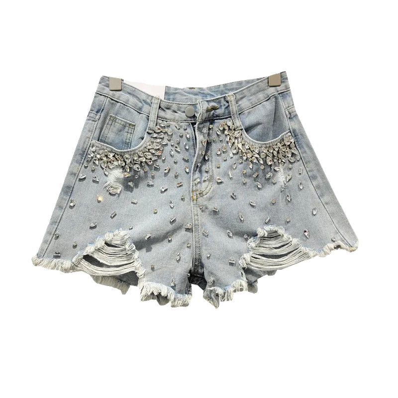 Woman Ripped Diamond Denim Shorts Streetwear 2024 New Summer Trendy Women's High Waist Slim Raw Hem Wide Legs Denim Hot Pants