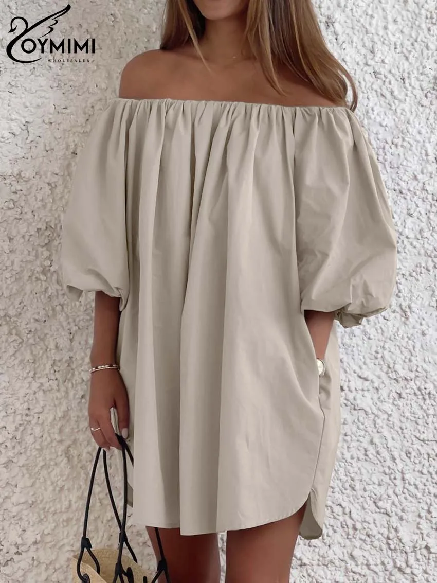 

Oymimi Casual Khaki Loose Womens Dresses Fashion Slash Neck Puff Sleeve Simple Dresses Autumn Straight Mini Dress Streetwear