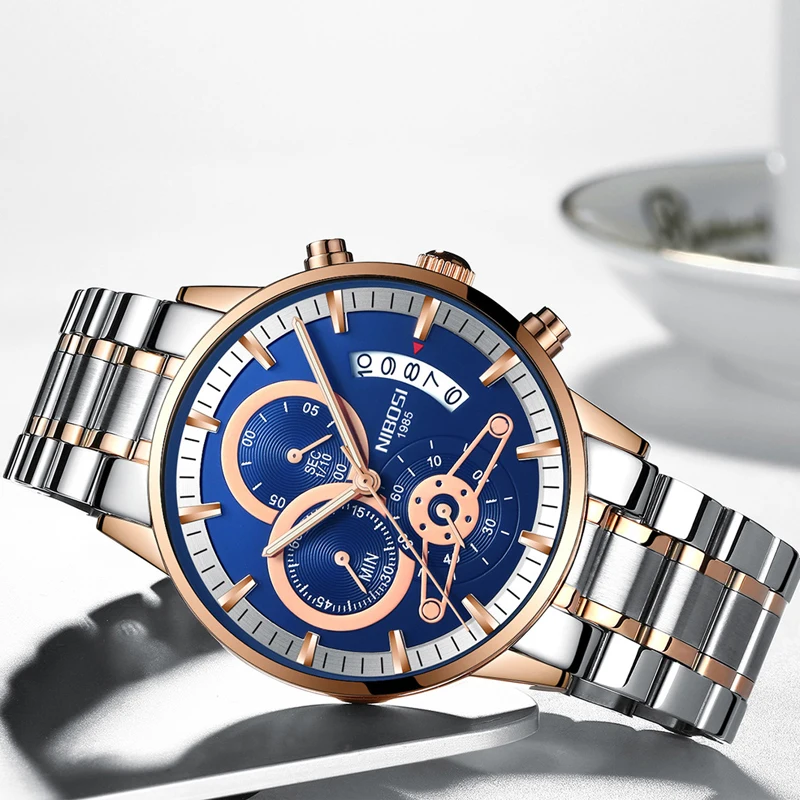 NIBOSI Fashion Chronograph Quartz Watch for Men Stainless Steel Waterproof Mens Watches Top Brand Luxury Clock Relogio Masculino