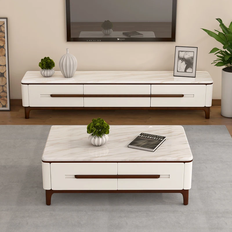 

Modern minimalist coffee table, TV cabinet combination, small unit set, Nordic rounded living room, marble solid wood furniture