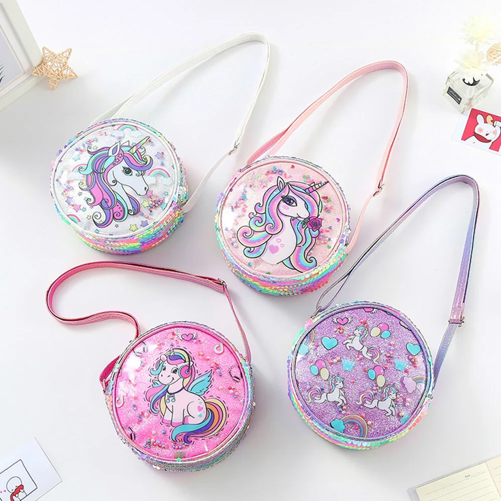Kids Shoulder Bag Girls Sweet Cartoon Pattern Sequin Crossbody Bags Fashion Unicorn Casual Outing Versatile Round Bag