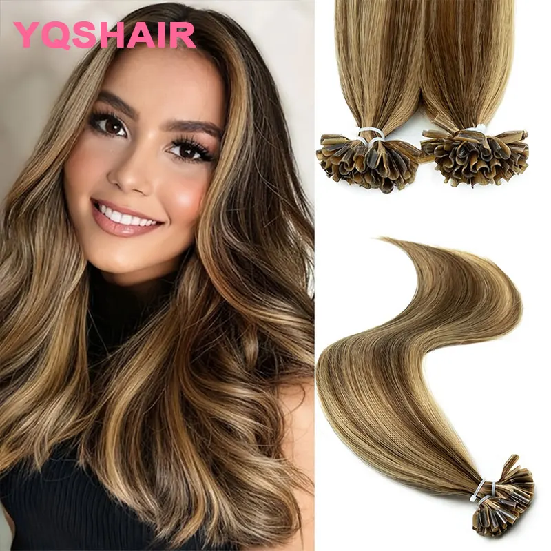 스트레이트 네일 팁 헤어 익스텐션 여성용 인모 50가닥 U팁 인모 퓨전 헤어 내추럴 옴브레 케라틴 캡슐 인모