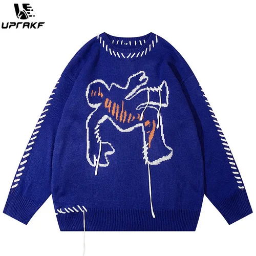 UPRAKF Human Pattern Sweater Autumn Crew Neck Baggy High Street Casual Fashion Streetwear Warm Basic Pullover Harajuku