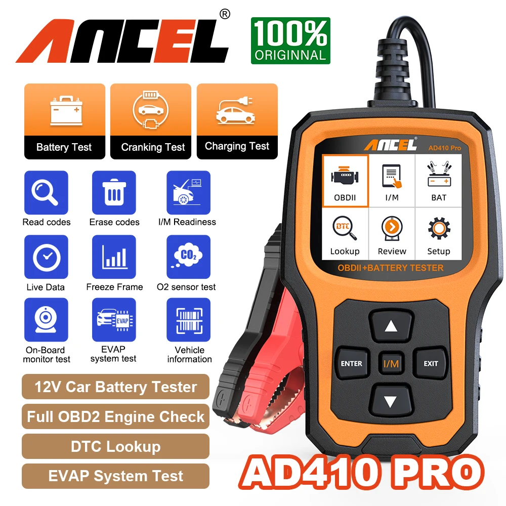 

ANCEL AD410 PRO 6V/12V Car Battery Tester OBD2 Code Reader Engine Scan Tool Battery Analyzer OBDII Scanner