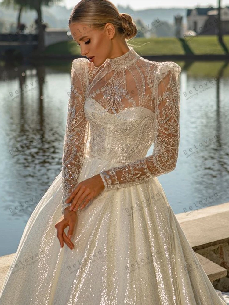 Exquisite Wedding Dresses A-Line Bridal Gowns Lace Appliques Full Sleeves High Neck Robe For Party Vestidos De Novia Customized 4