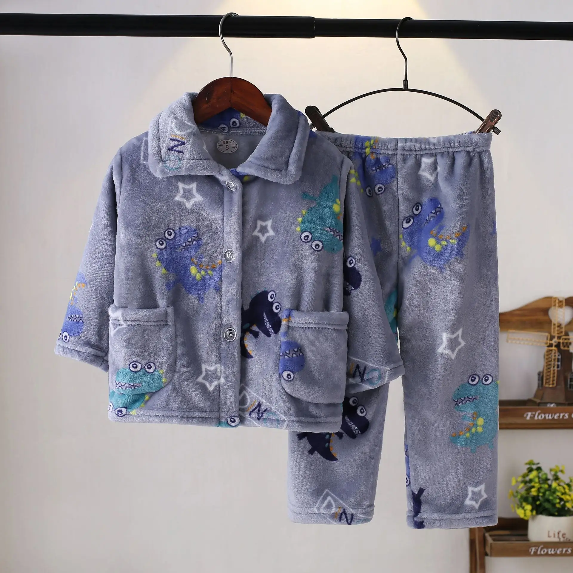 Flannel Pajamas Sets Boys Girls Cartoon Long Sleeve Lapel Tops with Pants PJM Sleepwear Clothing