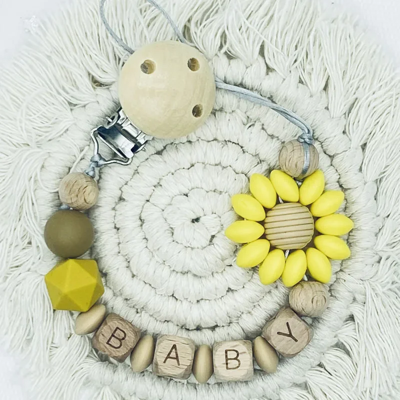 Baby Name Silicone Beads Flower Ring Pacifier Clip Teething Chain Holder