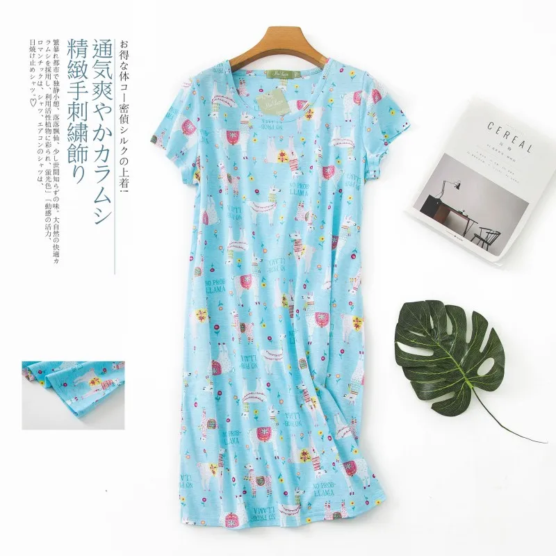 Summer Women Casual Cartoon Sleep Dress Cotton Loungewear Nightgown Female Short Sleeve Top Quality Large Size Home Dress