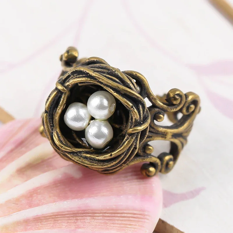 Finger Ring New Fashion Vintage Bird Nest Imitation Pearl Open Rings For Women Girls Anniversary Birthday Gifts Party Jewelry