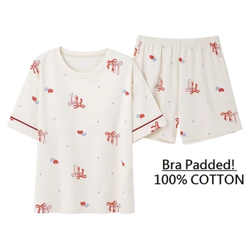 Pigiama estivo da donna 100% cotone Abbigliamento per la casa di alta qualità Fiocco carino e cuori Stampa Set pigiama imbottito con reggiseno per ragazza giovane studentessa 1