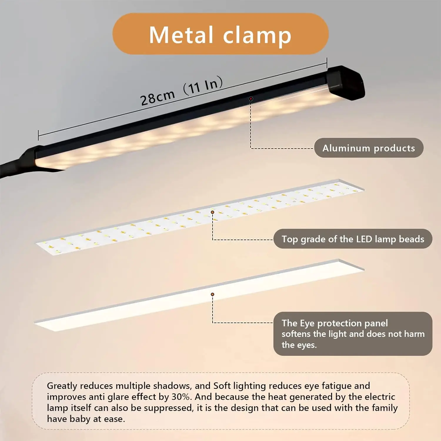 A LED Desk lamp with Clamp, Eye-Caring Clip on Lights for Home Office, 3 Modes 10 Brightness, Long Flexible Gooseneck,Metal 3