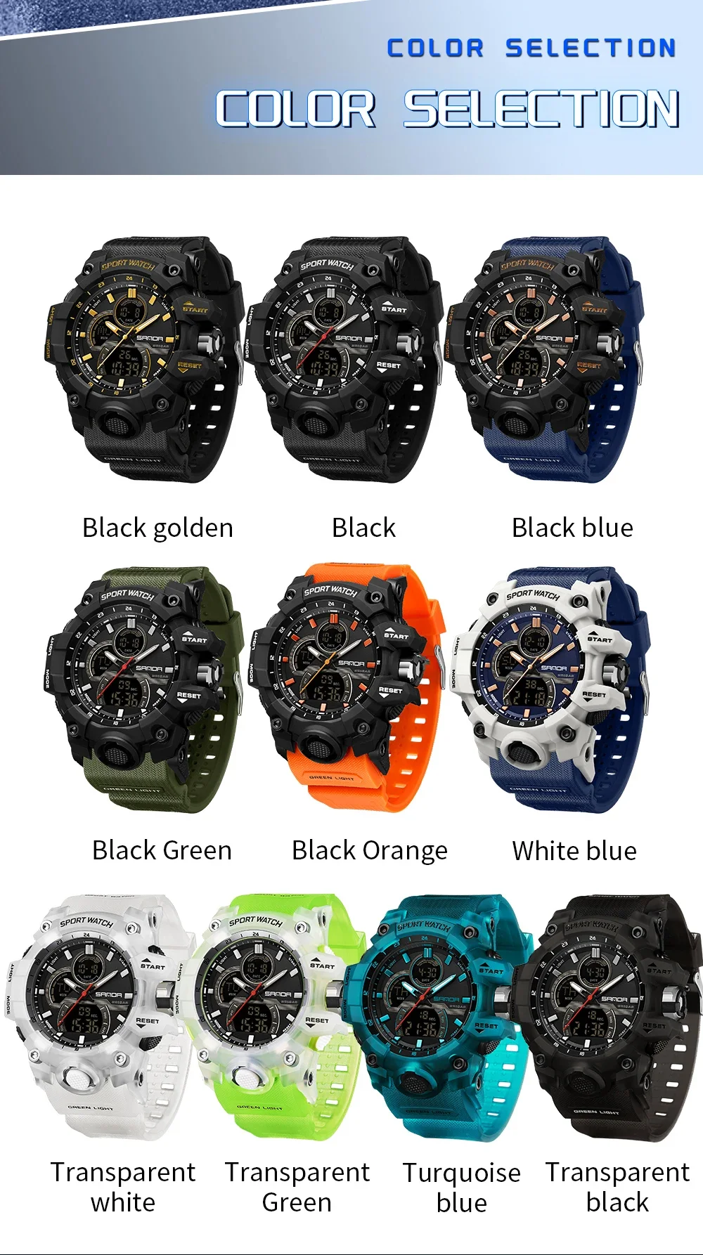 SANDA 6198 Watch Fashion Trend Dual Screen Multi functional Outdoor Sports Multi functional Waterproof Electronic Men's Watch 6