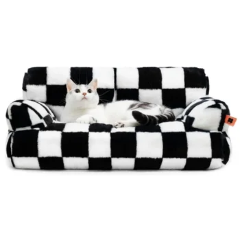 Mewoofun Pet Couch Bed 26×19×13 Inch Washable Cat Beds for Medium Small Dogs Cat up to 25 lbs Fluffy Cat Couch Black White 1