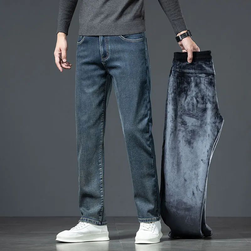 Winter Warm Jeans Men's Fashion Retro Blue Thickened Loose Straight Pants Brand Business Casual Stretch Washed Denim Pants 3