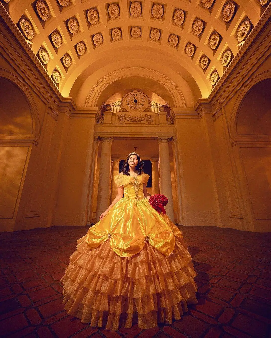 Princess Gold Satin Quinceanera Dresses Off Shoulder Tiered Skirts lace-up corset Plus Size vestidos de 15 a&ntilde;os