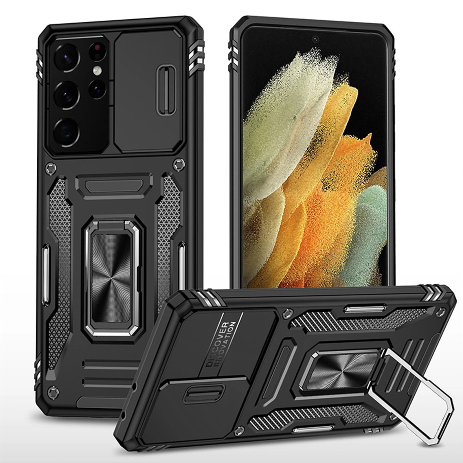

Armor Phone Case for Samsung S22 Ultra with Slide Lens Camera Protector Case Protective with Metral Kickstand Shockproof Cover