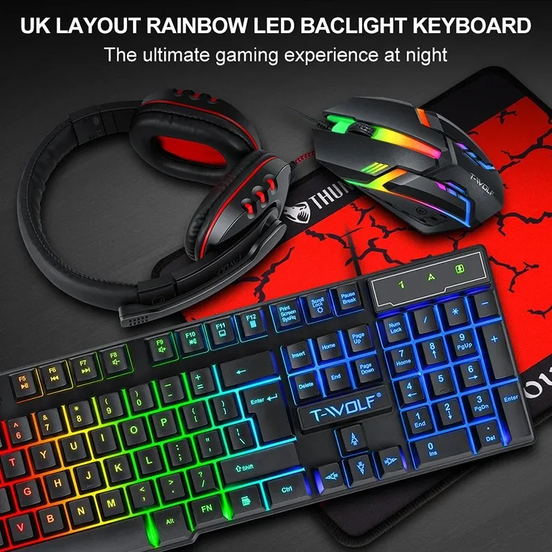 

Glow Keyboards 104 Keys Waterproof and Dustproof Ergonomic Gamer Mouse and Keyboard and Headset Kit and Mousepad