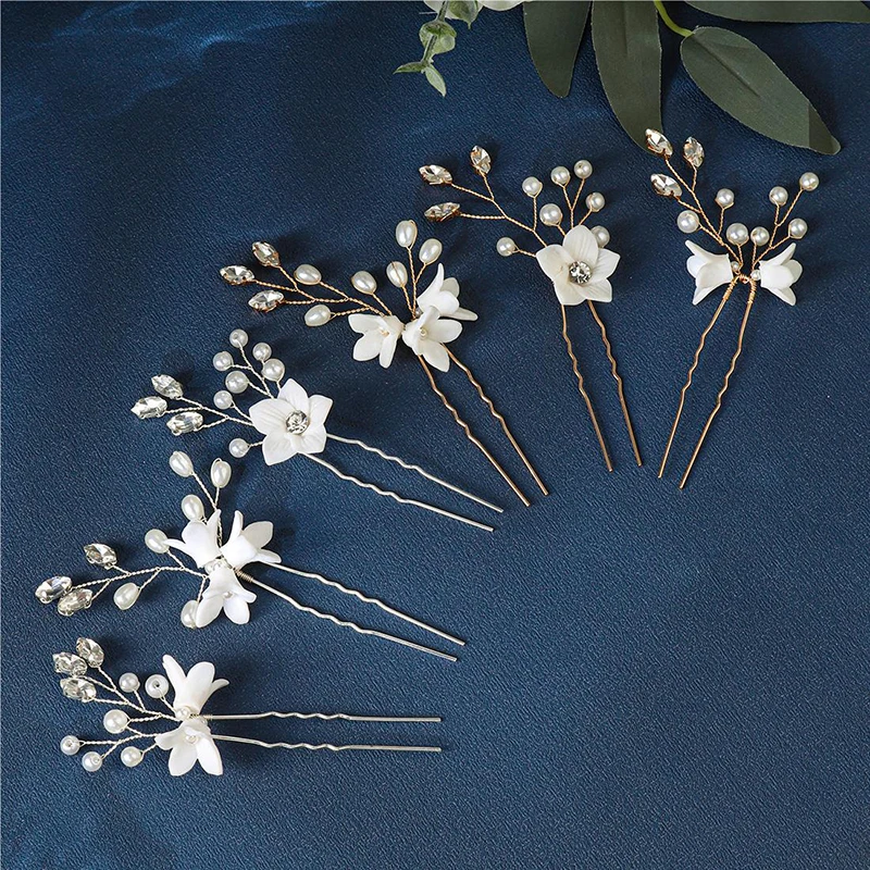 Bride Wedding Ceramic Flower Hair Accessories Pearl Rhinestone Hair Pins For Women Headpiece Jewelry Bridesmaid Gift 3Pcs/Lot