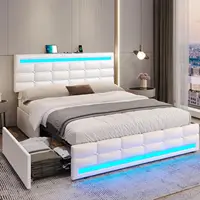 Queen Bed Frame with Drawers, LED Bed Frame with Charging Station, Pu Leather Platform Bed Frame Queen Size with Storage, White 1
