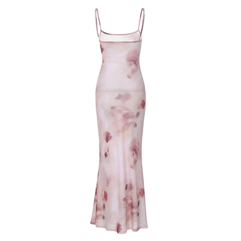 Summer Long Dress y2k Women Floral Print Square Neck Spaghetti Strap Sleeveless Bodycon Dress 2000s Club Party Dresses
