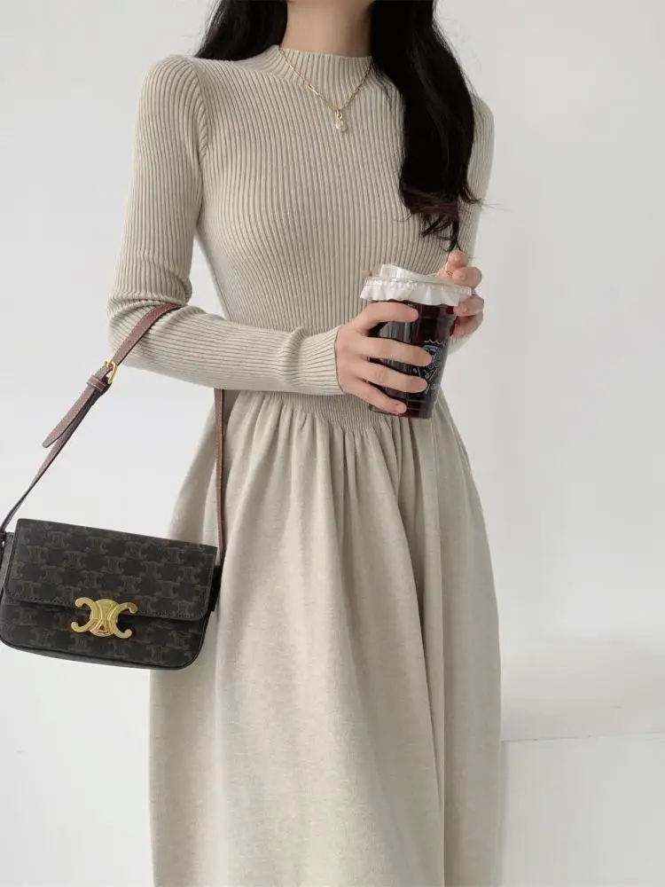 Autunno inverno solido sottile vestito lavorato a maglia donna moda coreana maglione manica lunga vestito femminile elegante pieghe abiti lunghi francesi 4