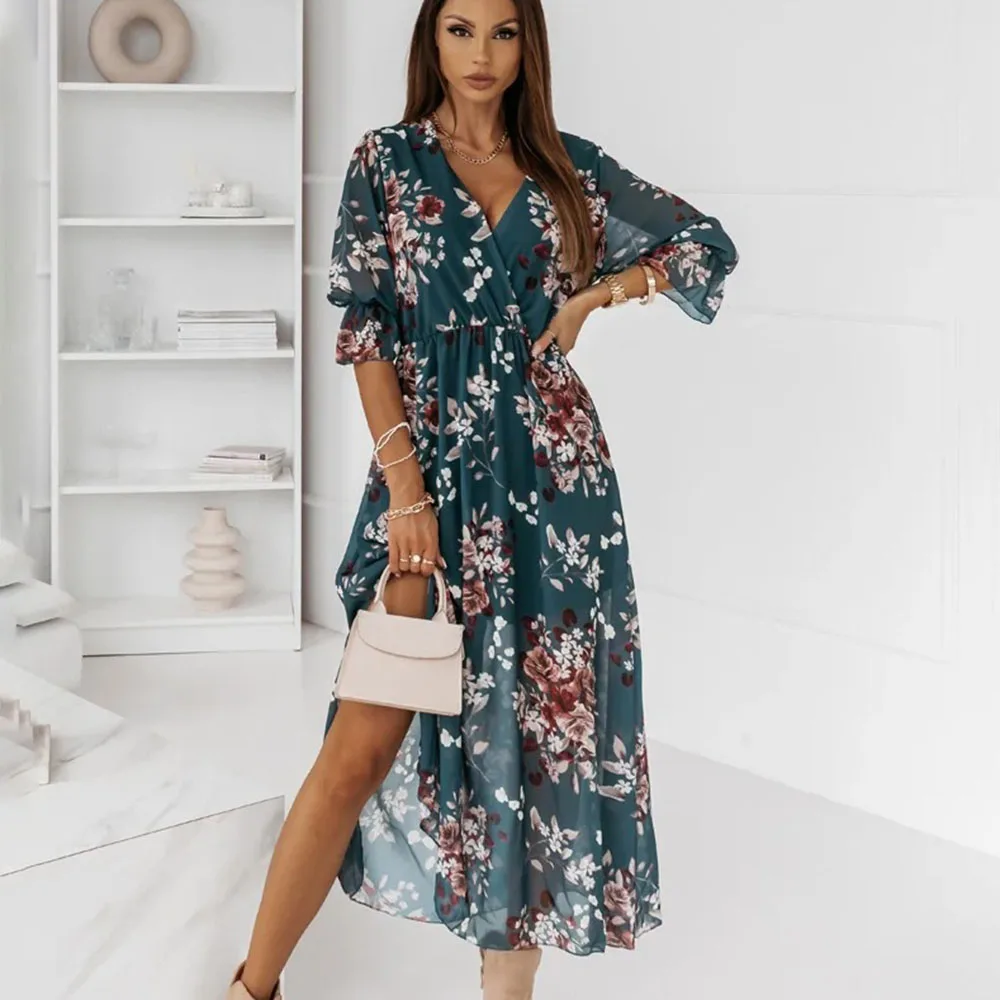 Women Dresses Sexy V Neck Retro Print Chiffon Maxi Dress Fashion Elastic Waist Side Splits Robe Elegant Long Sleeve Loose Dress 