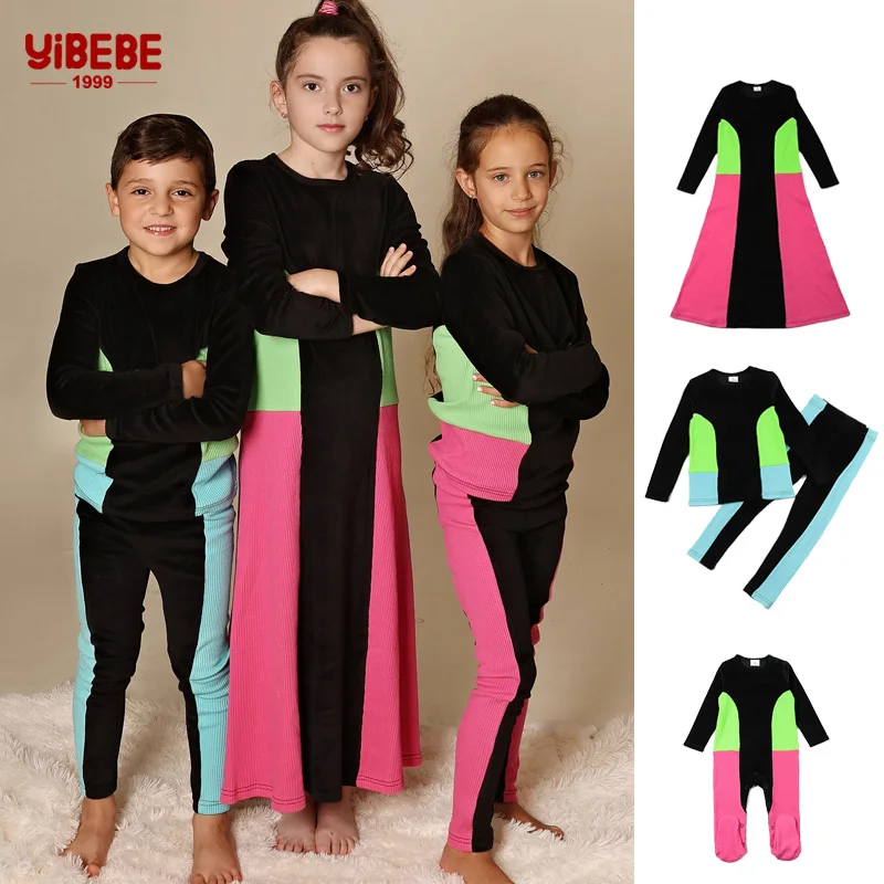 AA-3M-18T Sibling Family Matching Outfits Cotton Rib Knit Colorblock Long Sleeve Maxi Dresses Children Pajamas Sets Black Romper