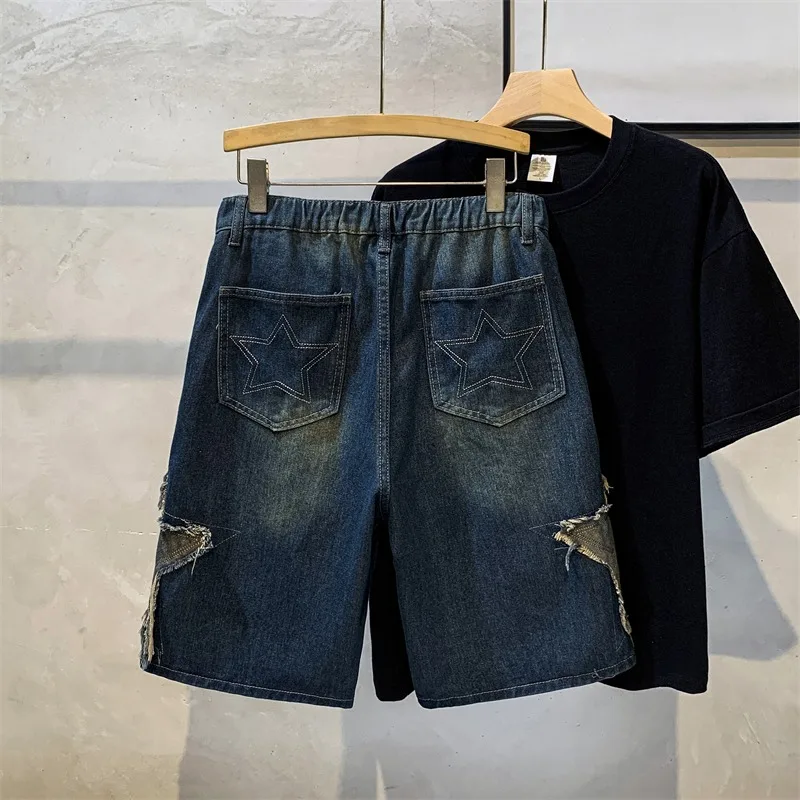Star Shaped Men Denim Shorts Jeans Solid Color Pocket Shorts Fashionable Casual Short Jeans Harajuku High Street Men's Clothing