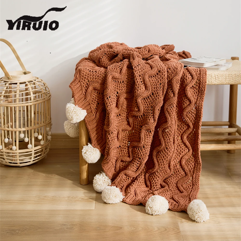 

YIRUIO Kawaii Contrast Color Pompons Blanket Fashion Stripe Design Wearable Shawl Blanket Cozy Soft Bed Sofa Nap Knitted Blanket
