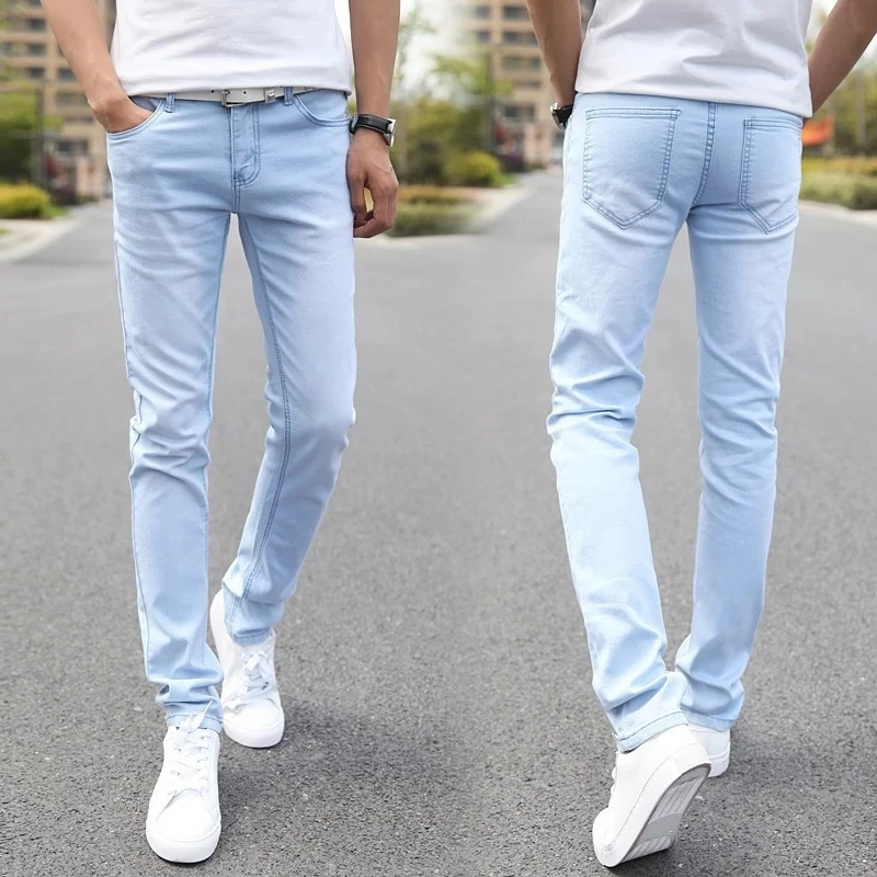 Forgænger spids Opfattelse 2022 New Men Stretch Skinny Jeans Male Designer Brand Super Elastic  Straight Trousers Slim Fit Fashion Sky blue - AliExpress