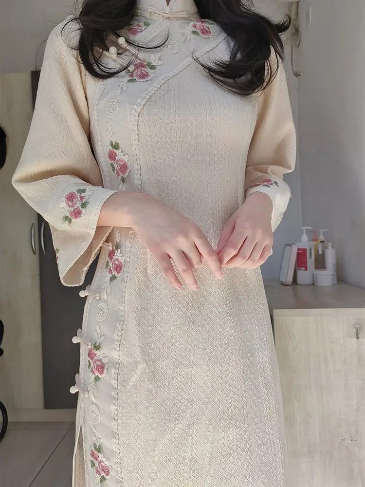 Chinese Dress Apricot Cheongsam Qipao Embroidered Long Sleeve Autumn/Winter Girls' Improved Daily Party Youth Style Elegant