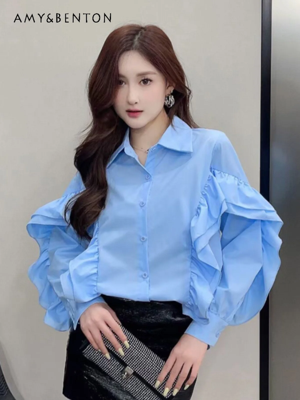 

Fashion Ruffled Solid Color Stitching Three-Dimensional Long-Sleeved Blouse Women Casual Elegant Slim Shirt Spring New OL Shirts