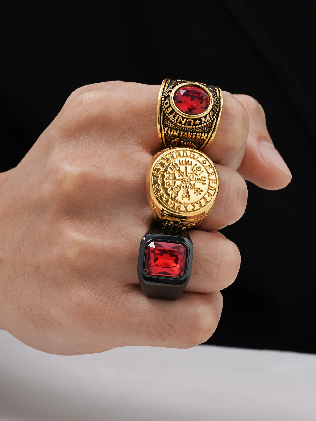Vintage-Natursteinring für Männer, wasserdichter Siegelring aus Edelstahl, Punk-Ring für Männer – Detail 6