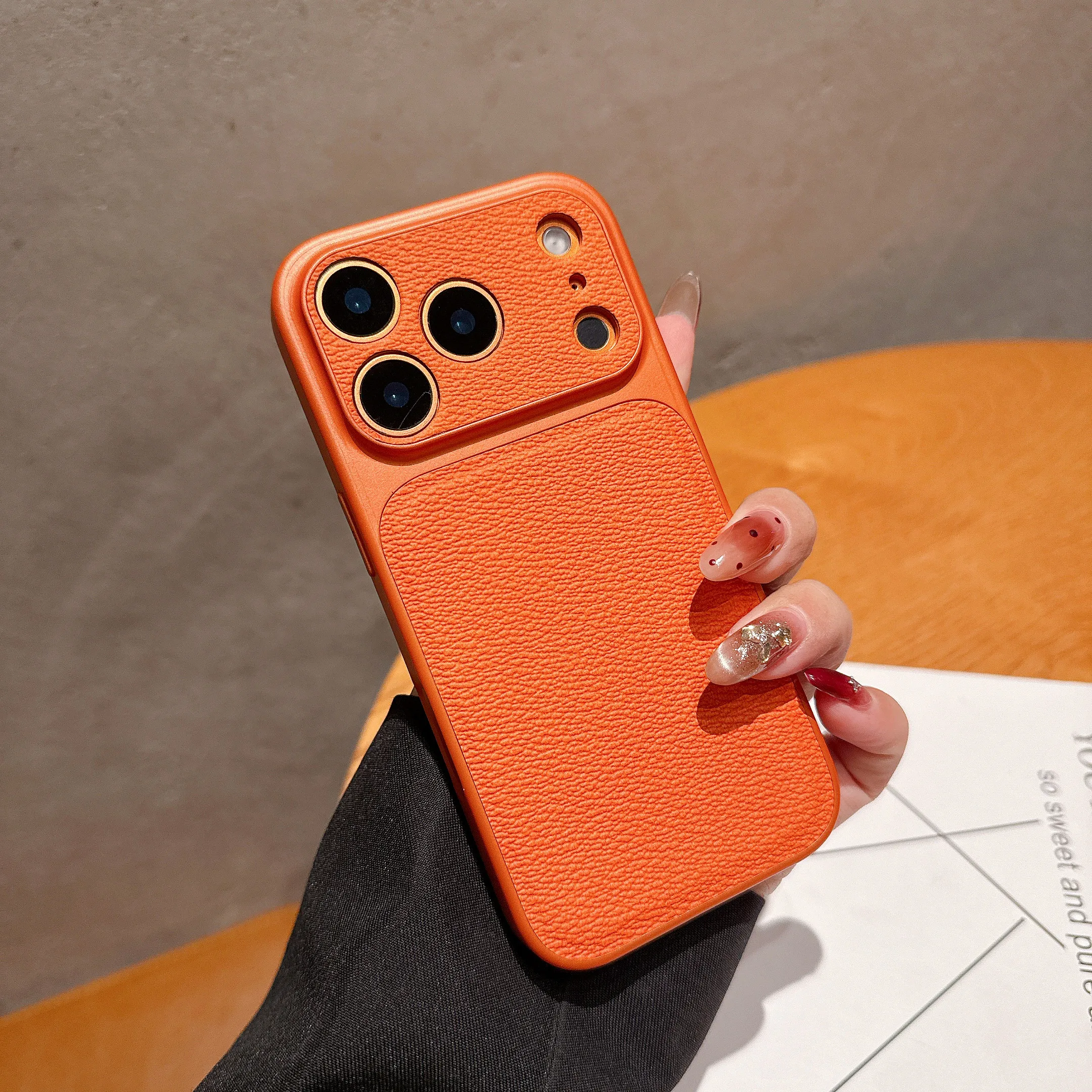Premium Solid Leather Matte Shockproof Case with Large Camera Window Cover