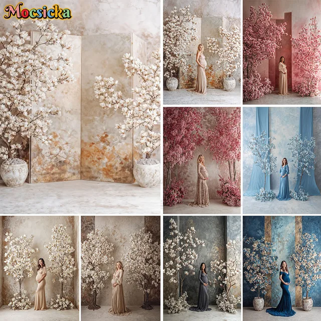 ฉากหลังถ่ายภาพศิลปะสำหรับคุณแม่ตั้งครรภ์ Mocsicka สีเบจ วินเทจ ตกแต่งผนังด้วยดอกไม้และต้นไม้ ฉากหลังสำหรับถ่ายภาพเด็กแรกเกิดในสตูดิโอ 1