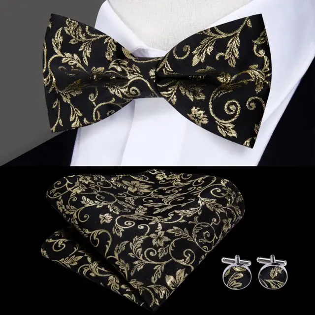 Hi-Tie Classic Black Bow Ties for Men 100% Silk Butterfly Pre-Tied Bow Tie Pocket Square Cufflinks Suit Set Floral Gold Bowties LH-519