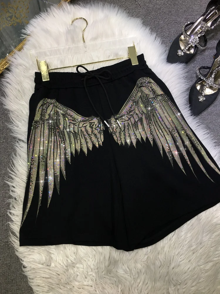 Luxury Big Wings Hot Drilling Knee-length Pants for Men/woman Drawstring Elastic High Waist Loose A-line Wide Leg Shorts Trendy
